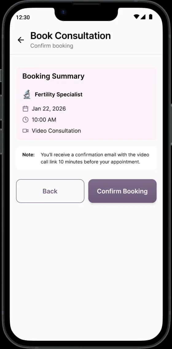 Confirm booking screen