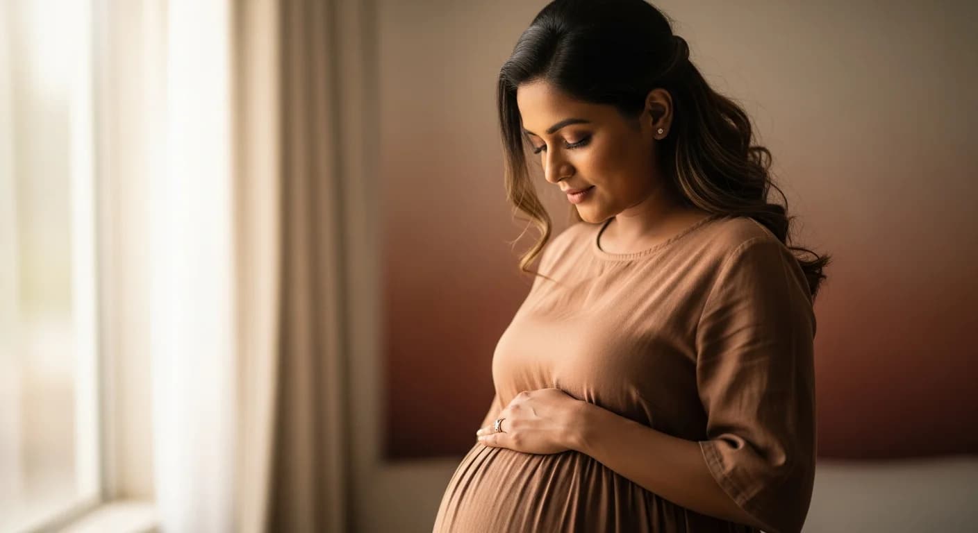 Pregnant Indian woman holding her belly